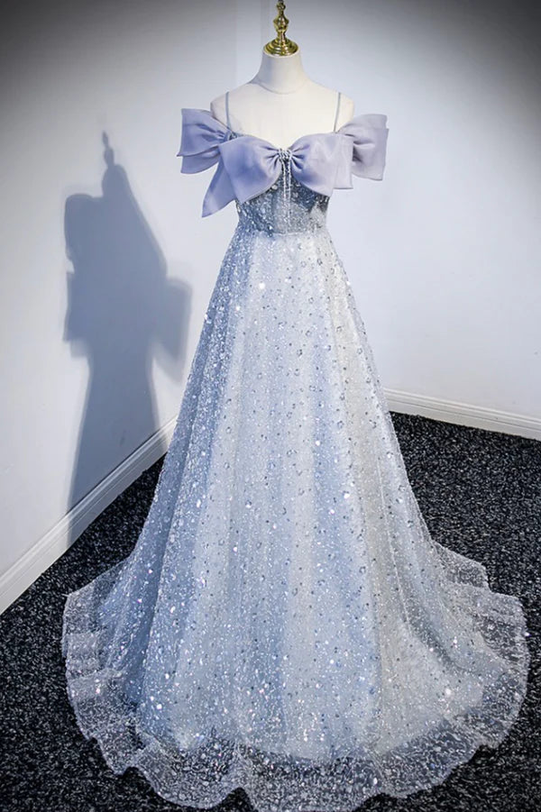 Wholesale Gray Tulle Beaded Long Prom Dress Off the Shoulder Evening Dress with Bow
